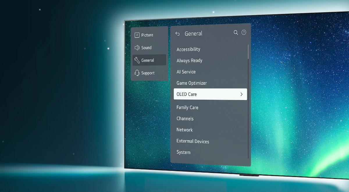 Μια OLED TV στέκεται στη δεξιά πλευρά της εικόνας. Το μενού υποστήριξης εμφανίζεται στην οθόνη και επιλέγεται το μενού OLED Care.